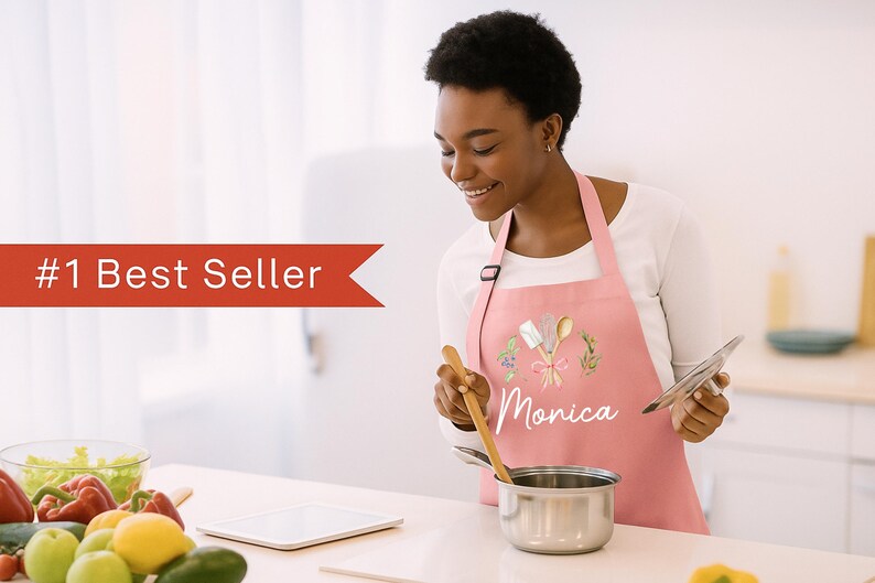 Grembiule personalizzato per donne e bambini, grembiule da cucina personalizzato con tasca, grembiule da pasticceria coordinato per tutta la famiglia, regalo per piccoli chef. immagine 7