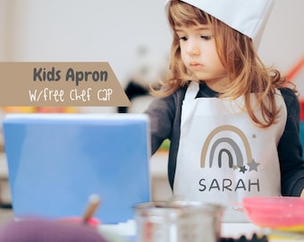 Personalized Kids Apron, Rainbow Design, Free Chef Hat