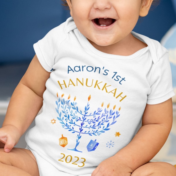 Personalized 1st Hanukkah Baby Onesies®, First Hanukkah Jewish Holiday Onesie®, Baby Boy Girl Outfit, Chanukah Dreidel Menorah Baby Onesie®