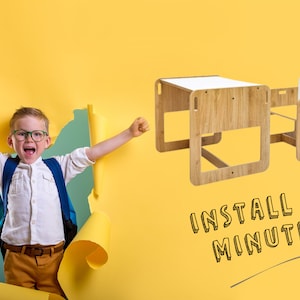 May include: A young boy with a backpack smiles excitedly in front of a yellow background. He is standing in a torn piece of paper. A wooden desk and bed set is shown on the right side of the image. The text "INSTALL IN MINUTES" is written in black on the yellow background.