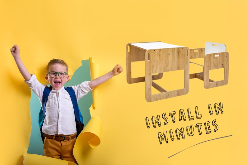 May include: A young boy with a backpack smiles excitedly in front of a yellow background. He is standing in a torn piece of paper. A wooden desk and bed set is shown on the right side of the image. The text "INSTALL IN MINUTES" is written in black on the yellow background.
