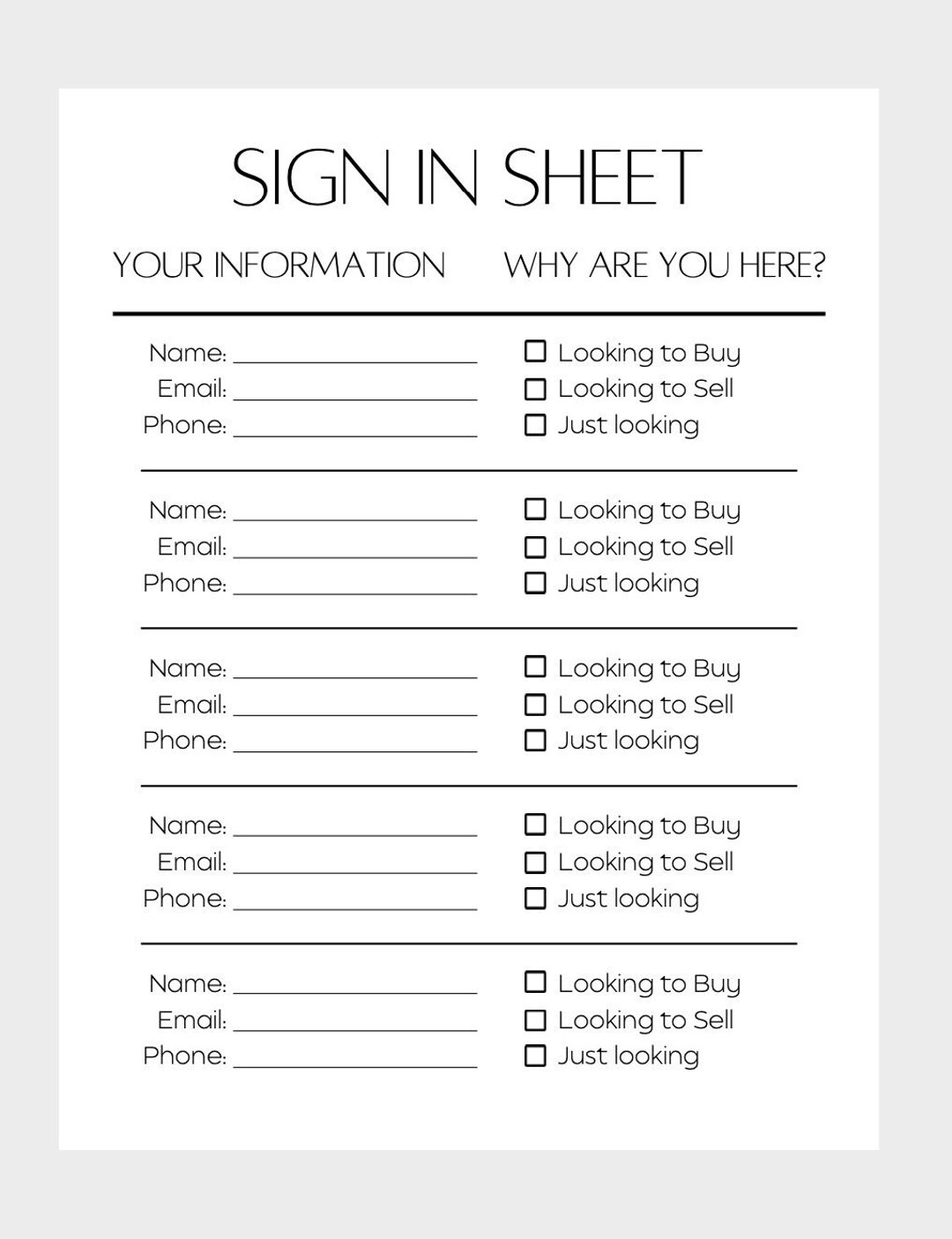 Basic Real Estate Open House Sign in Sheet Realtor Forms Etsy