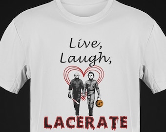 Vivi, ridi, lacerati, maglietta di Michael Myers, maglietta di Jason Voorhees, maglietta vintage grunge di Halloween, maglietta divertente per la stagione spettrale autunnale per uomo e donna