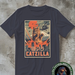 Camicia Catzilla, T-shirt con poster di film giapponesi retrò, Maglietta con gatti divertenti, Regalo per gli amanti dei gatti per uomini e donne