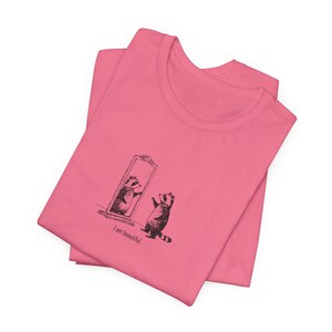 Cute Raccoon Shirt, "I Am Beautiful" T-Shirt for Animal Lovers, Self Love Meme Gift for Friend, Funny Motivational Shirt Charity Pink