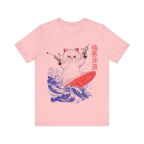 Japanese Cat Shirt, Vintage 90s Kitten Surf Tee for Men Women