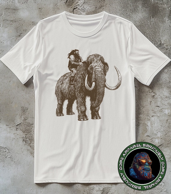 Wooly Mammoth Shirt, Caveman Riding Mastodon T-shirt, Cool Vintage Jurassic Animal Park Tee for Men Women