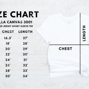 May include: Size chart for Bella Canvas 3001 unisex jersey short sleeve tee. The chart shows sizes XS to 4XL with corresponding chest and length measurements in inches.