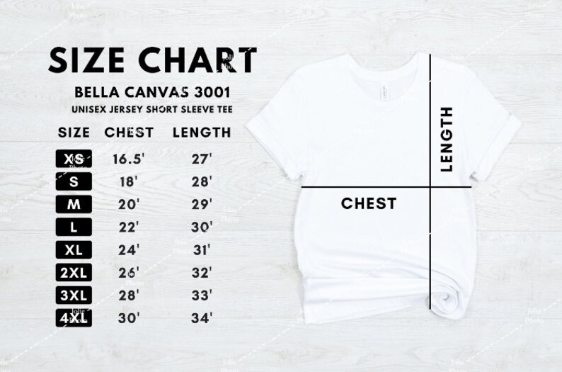 May include: Size chart for Bella Canvas 3001 unisex jersey short sleeve tee. The chart shows sizes XS to 4XL with corresponding chest and length measurements in inches.