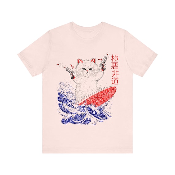 Japanese Cat Shirt, Vintage 90s Kitten Surf Tee for Men Women