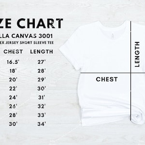 Pu&ograve; includere: Tabella delle taglie per la t-shirt a maniche corte in jersey unisex Bella Canvas 3001. La tabella mostra le taglie XS a 4XL con le misure di petto e lunghezza corrispondenti in pollici.