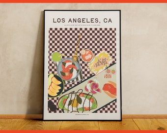 Los Angeles Girl Dinner Poster - Contemporary Art Kitchen Art - LA Market Art Wall Decor for Foodies - Maximalist Home Aesthetic