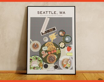 Seattle Girl Dinner Poster - Contemporary Art Kitchen Art - Pikes Place Market Art Wall Decor for Foodies - Maximalist Home Aesthetic