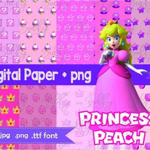 May include: Digital paper set featuring Princess Peach from the Super Mario franchise. The design includes various pink patterns with question marks, mushrooms, stars, crowns, and coins. The image also includes the text "Digital Paper + png" and "Princess Peach".