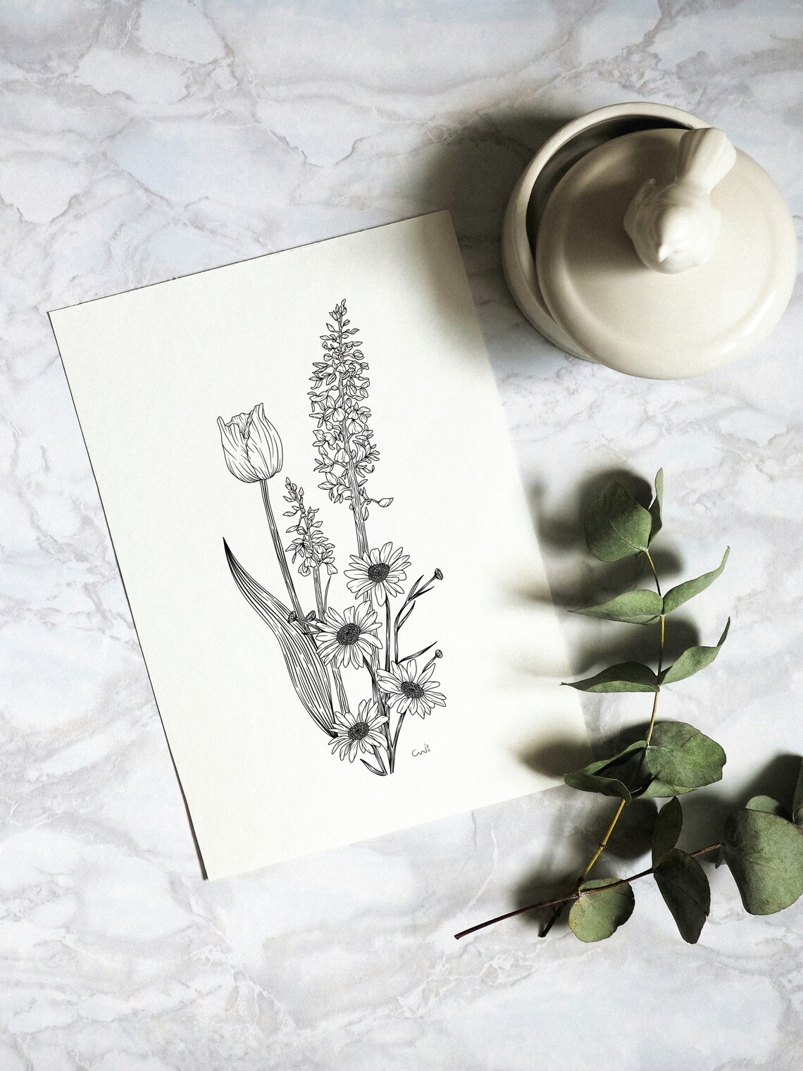 Botanical Art Print: Pen and Ink Spring Flower Bouquet - Etsy