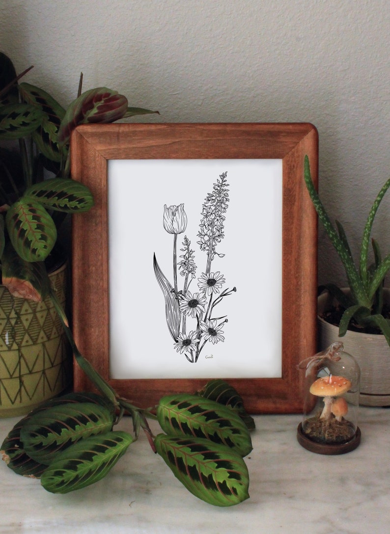 Botanical Art Print: Pen and Ink Spring Flower Bouquet - Etsy