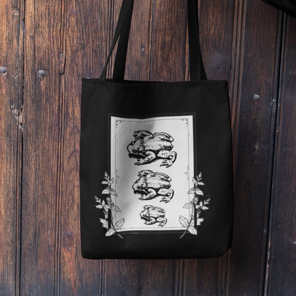 Personalized Vintage Frog and Botanical Canvas Tote Bag/ Black Trendy Tote Bag