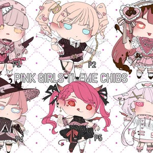 Op de afbeelding: Een digitale illustratie getiteld PINK GIRLS THEME CHIBS met zes chibi-stijl personages met roze haar en outfits. Elk personage is gelabeld van P1 tot P6 en toont diverse accessoires zoals strikken, hartjes, vleugels en thematische kostuums.