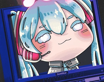May include: A digital art piece featuring a cartoon character with blue hair and a headset, set within a blue retro television. The word "yeh" is written above the character in a pink, glowing font. The television has the "GoldStar" logo.