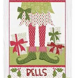 May include: A Christmas-themed wall hanging featuring an elf design. The artwork includes the words "Jingle Bells" and "JINGLE PELLS". The elf has red and white polka-dot legs, green shoes, and is surrounded by gift boxes. The pattern measures 30 x 48 inches.