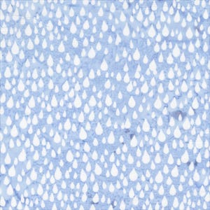 May include: A fabric with a light blue background and a pattern of white teardrop shapes. The teardrops vary in size and are scattered across the surface, creating a rain-like effect. The fabric has a soft, textured appearance.