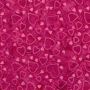 May include: A vibrant pink fabric with a repeating pattern of hearts in varying sizes. Outlined hearts and smaller heart shapes are scattered across the surface, with dotted lines adding detail. The fabric has a textured appearance.