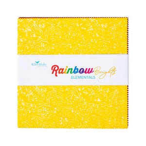 May include: A stack of yellow fabric squares with a white band featuring the text "Rainbow Brights ELEMENTS" in colorful script. The fabric has a repeating white floral pattern. The edges of the fabric are scalloped.