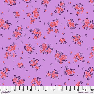 May include: A floral fabric with a lavender background. The pattern features clusters of coral-colored flowers with dark purple leaves and small purple leaf accents. The fabric is measured in inches, with the text "Free Spirit Fabrics" and "freespiritfabrics.com".