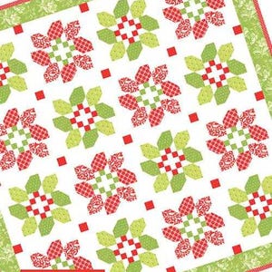 May include: A Christmas-themed quilt with a repeating pattern of red and green floral designs on a white background. The quilt has a red border with the words "Christmas Wreaths" at the top. The words "One Simple Block!" are in a red rectangle.