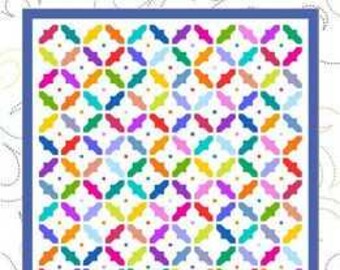 May include: A colorful quilt pattern with a repeating floral design in shades of red, orange, yellow, green, blue, and purple. The quilt is framed with a blue border and the text "Tiddlywinks" is displayed at the top. Finished quilt size is 58" x 65".