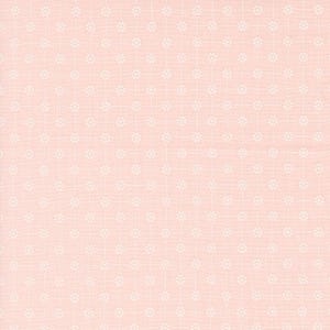 May include: A seamless fabric pattern featuring a light pink background with a grid of small, white floral designs. The flowers are evenly spaced, creating a delicate and repeating pattern. This textile is suitable for various craft projects.