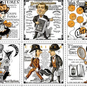 May include: A vintage advertisement sheet featuring six panels with illustrations and text. The panels showcase various products and services, including paper costumes, health remedies, and clothing. The illustrations are in black and white with orange accents.