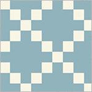 May include: A square tile with a repeating pattern of off-white squares arranged in a diagonal checkerboard design against a light blue background. The tile is likely made of ceramic or a similar material.