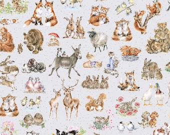 Together is Better: ONEWAY PACKED ANIMALS Soft Gray fabric by Hannah Dale (1/2 yd.)