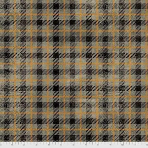 May include: A fabric with a plaid pattern in shades of gray, black, and orange. The design features a classic grid of intersecting lines, creating a textured, vintage look. The fabric is suitable for various crafting and sewing projects.