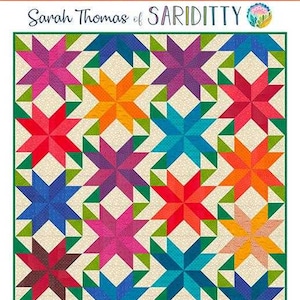 May include: A quilt pattern titled "FALL FOLIAGE" by Sarah Thomas of SARIDITTY. The quilt design features a repeating pattern of colorful star-like shapes in shades of pink, orange, blue, and green. Finished size is 64" x 64". Skill level: BEGINNER.