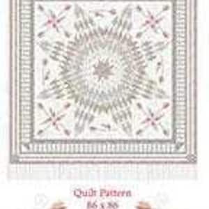 May include: A detailed quilt pattern featuring a central starburst design in shades of gray and white, accented with red details. The pattern is labeled "Astrid" and "The Quilt Factory," with dimensions of 86 x 86 inches.