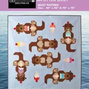 May include: A light blue quilt featuring brown otter designs and ice cream cones. The quilt pattern is titled "Cool Treats" and is 40 x 40 inches and 70 x 70 inches. The text "Art East Quilting Co" is also visible.