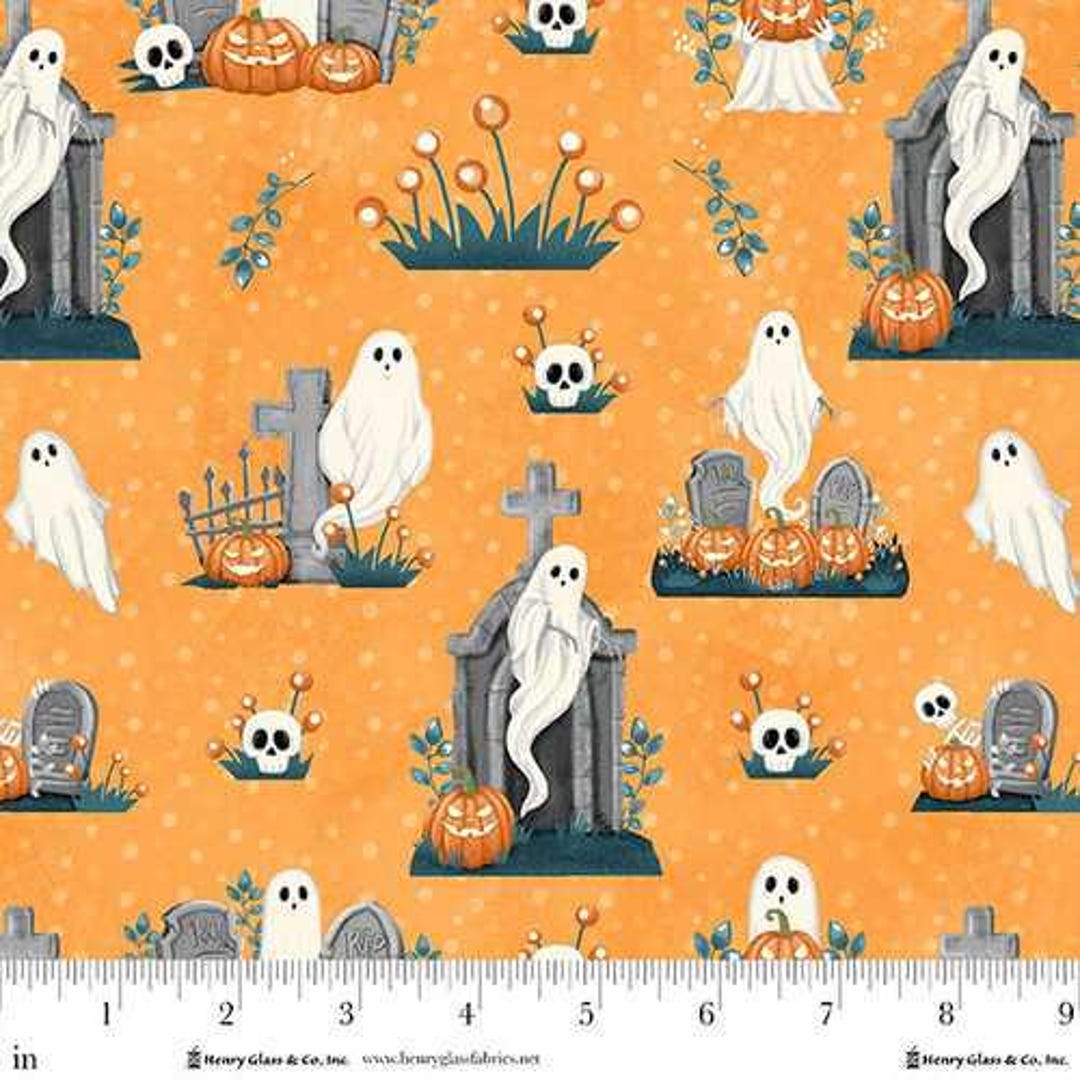 Ghosts in the Graveyard: Allover GHOST, PUMPKINS and SKULLS Glow Orange ...