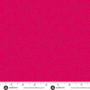 May include: A vibrant fuchsia fabric with a repeating pattern of small, gray, triangle-shaped dots. The fabric has a smooth texture and is suitable for various sewing and crafting projects. The image includes a ruler along the bottom edge.