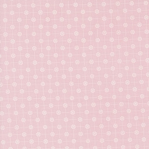 May include: A pink fabric with a repeating pattern of small white flowers arranged in a grid. The flowers have a simple, daisy-like design. The fabric has a subtle texture, and the overall effect is delicate and feminine.