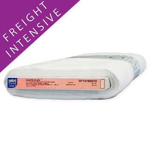 May include: A roll of white fabric with a label that reads "SHAPE-FLEX". The label also includes the text "ALL-PURPOSE WOVEN FUSE INTERFACING". The text "FREIGHT INTENSIVE" is in a purple banner in the upper left corner.