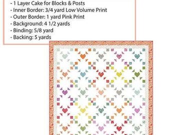 May include: A quilt pattern titled "Luminosity" by Chelsi Stratton Designs. The design features a square quilt with a white background and a pattern of colorful hearts. The quilt measures 77.5 inches by 77.5 inches. The image also lists the materials needed.