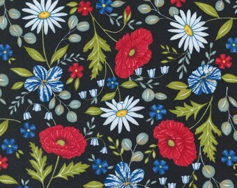 May include: A floral fabric with a dark background, featuring a pattern of red poppies, white daisies, and blue flowers. Green leaves and stems intertwine throughout the design, creating a vibrant and detailed botanical print.