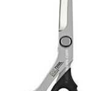 May include: A pair of silver and black scissors with a curved design. The blades are silver, and the handles are black with large finger holes. The scissors have a small silver rivet near the pivot point.