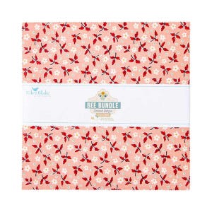 May include: A stack of fabric squares with a floral pattern in shades of red, white, and peach. The fabric is wrapped with a white band that reads "BEE BUNDLE Limited Edition". The Riley Blake Designs logo is also visible.