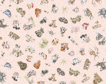 Together is Better: TOSSED ANIMALS Pale Pink fabric by Hannah Dale (1/2 yd.)