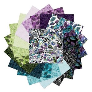 May include: A collection of fabric squares arranged in a circular pattern. The fabrics feature various floral and leaf patterns in shades of green, purple, teal, and black. The central fabric has a detailed paisley design with white, purple, and teal accents.