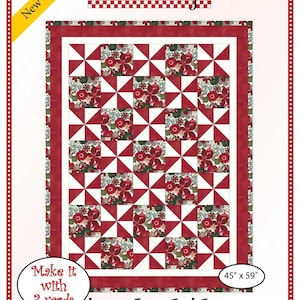 May include: A quilt pattern titled "Pinwheel Plus One" by Fabric Café. The design features red and white pinwheel blocks with floral centers, framed by a red border. The quilt measures 45" x 59" and requires 3 yards of fabric.