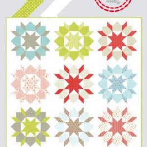 May include: A quilt pattern featuring nine starburst designs in various colors, including teal, red, and green, set against a white background. The text "SWOON" and "a lovely 80" x 80" quilt" are visible. The pattern is by "thimble blossoms".